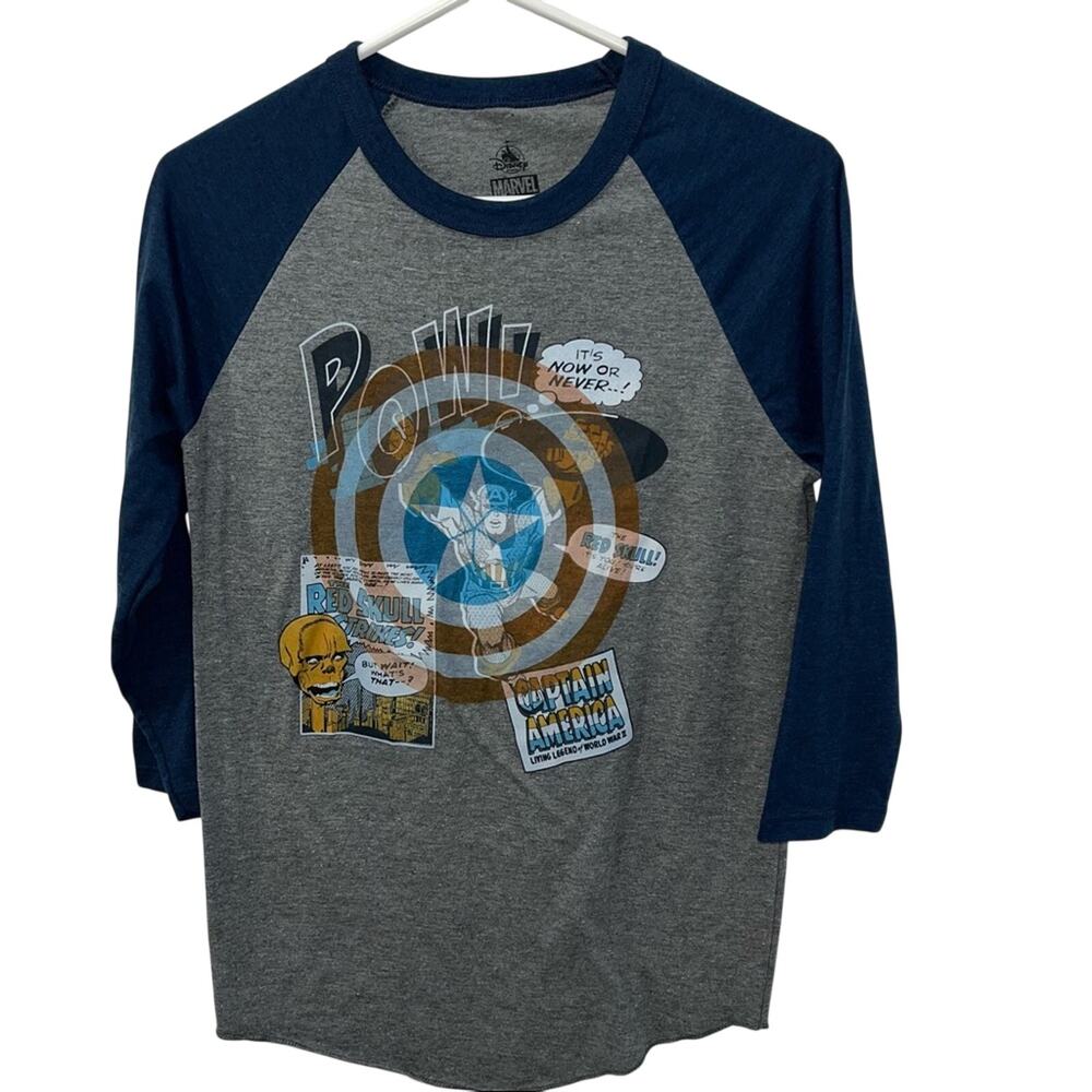 Disney Marvel Captain America Comic Raglan 3/4 Sleeve T-Shirt Gray Blue Small